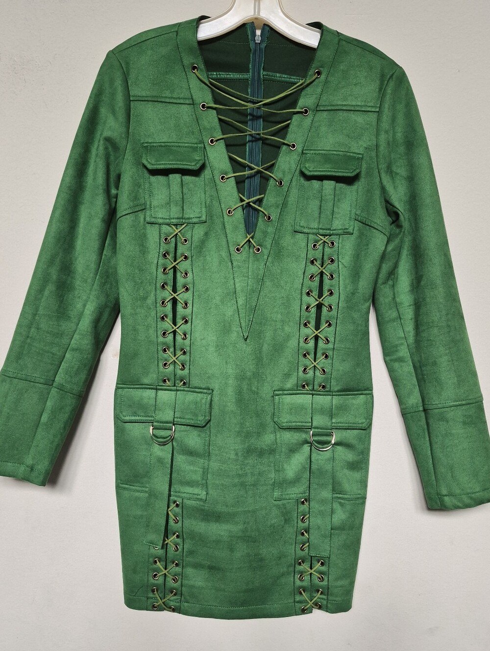 Women's Green Lace-Up Suede Jacket Dress Size M/L